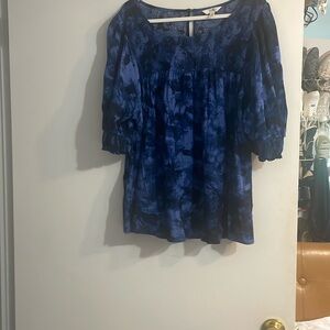 Terra & Sky Blue Smocked Blouse with 3/4 Sleeves